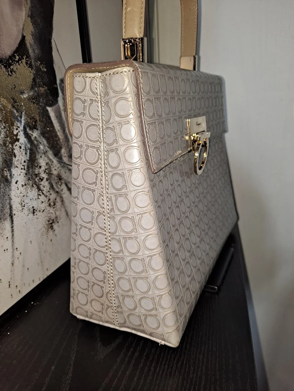 Salvatore Ferragamo Light Beige Gancini Monogram Top-Handle Satchel